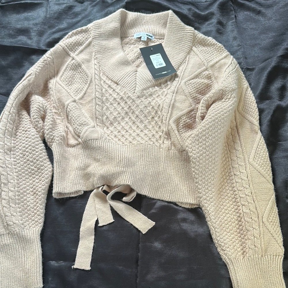 Fashion Nova Cream Cowl Neck Cable Knit Sweater